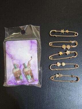 Starbucks Frappuccino Drop Earrings with Gold Tone Safety Pin Charms